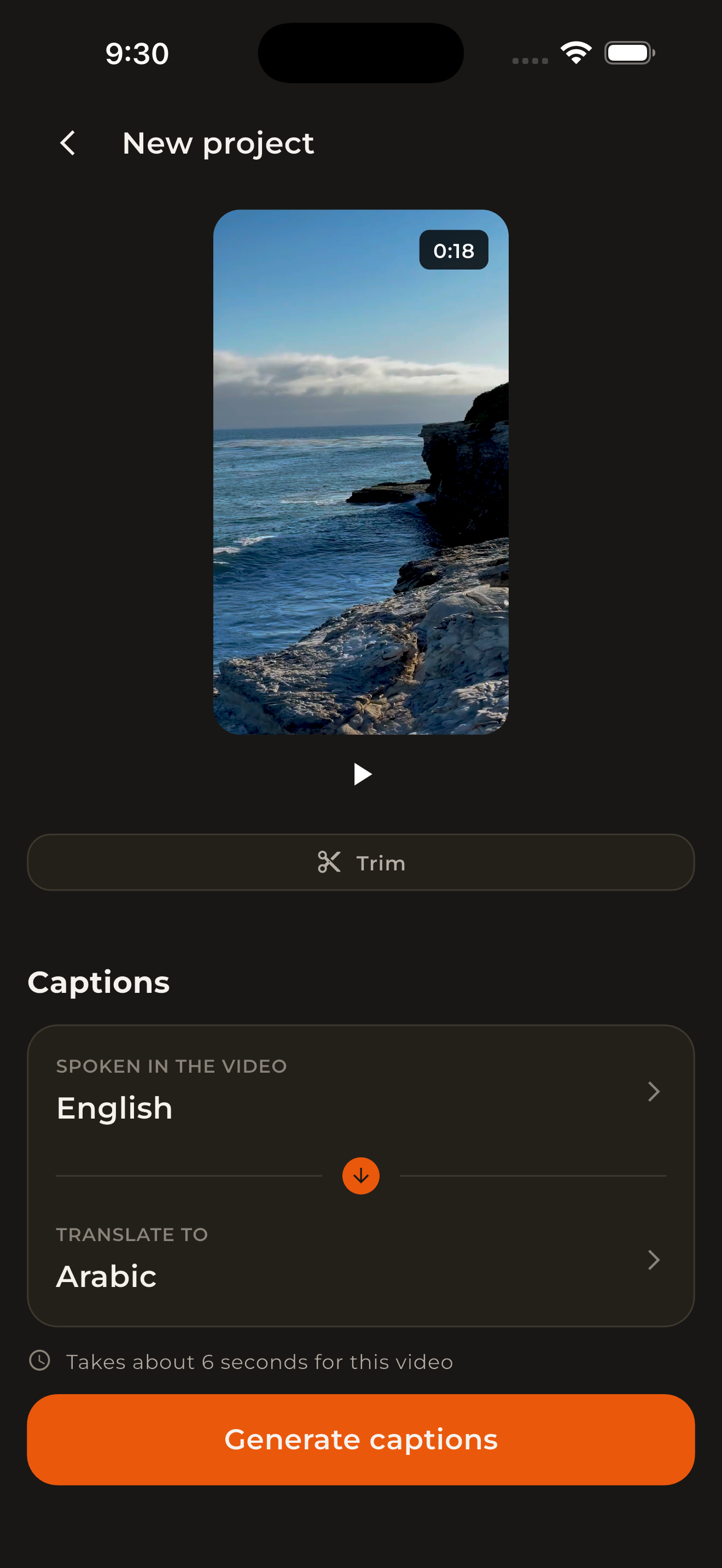 A video ready to caption, with the spoken language set to English, the translation set to Arabic, and an estimate of how long it will take